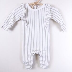 Pehr Romper‎ Kids 0-3 Months Gray Striped Ruffle Organic Cotton Long Sleeve